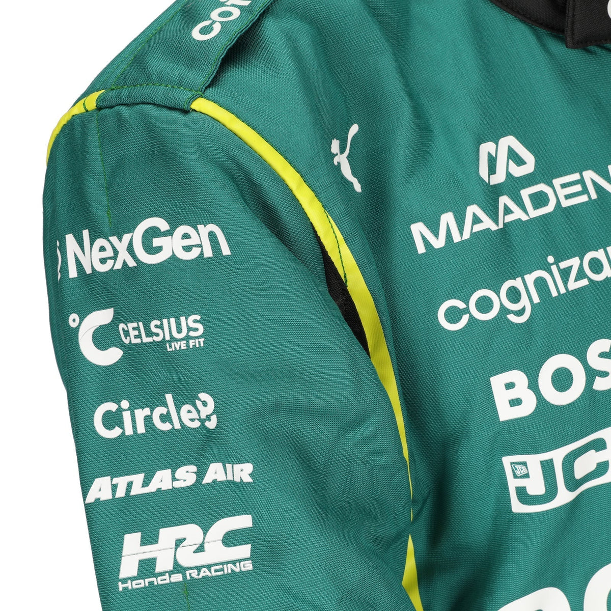 NexGen and Honda Racing sleeve logos on Fernando Alonso’s 2026 F1 race suit – Reaxion Racegear.