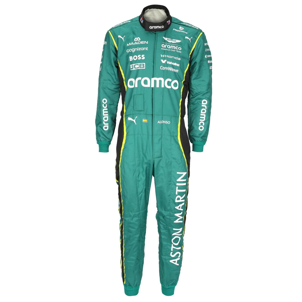 Front view of Fernando Alonso’s green 2026 Aston Martin Aramco F1 race suit – Reaxion Racegear.