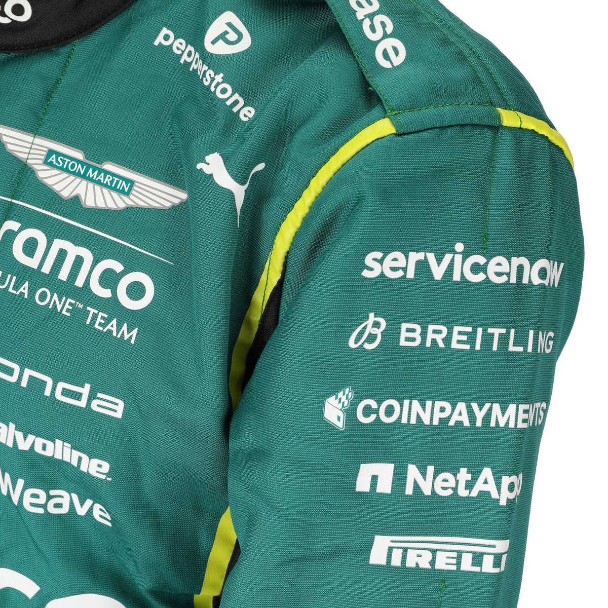 Aston Martin, Puma and sleeve sponsor details on Fernando Alonso’s 2026 F1 race suit – Reaxion Racegear.