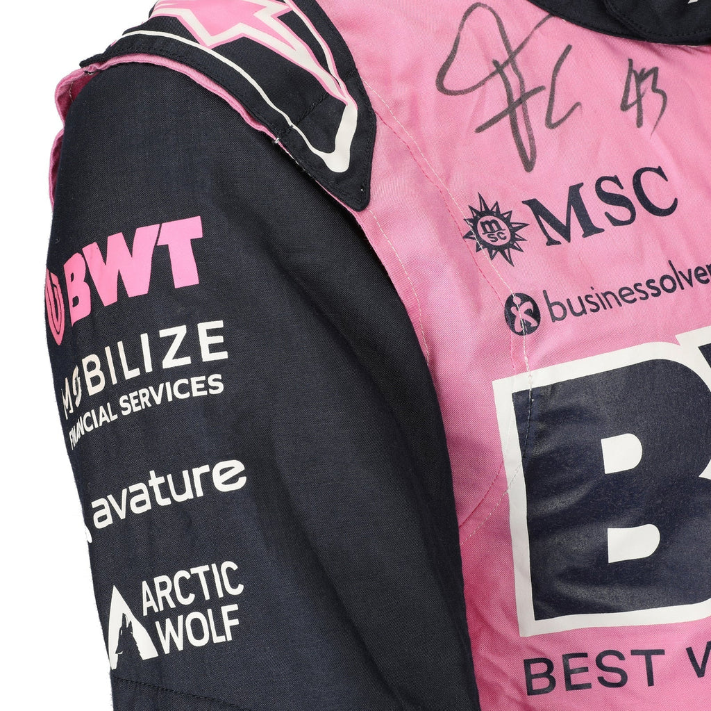 Franco Colapinto signature and sponsor logos on the 2026 BWT Alpine F1 race suit – Reaxion Racegear.