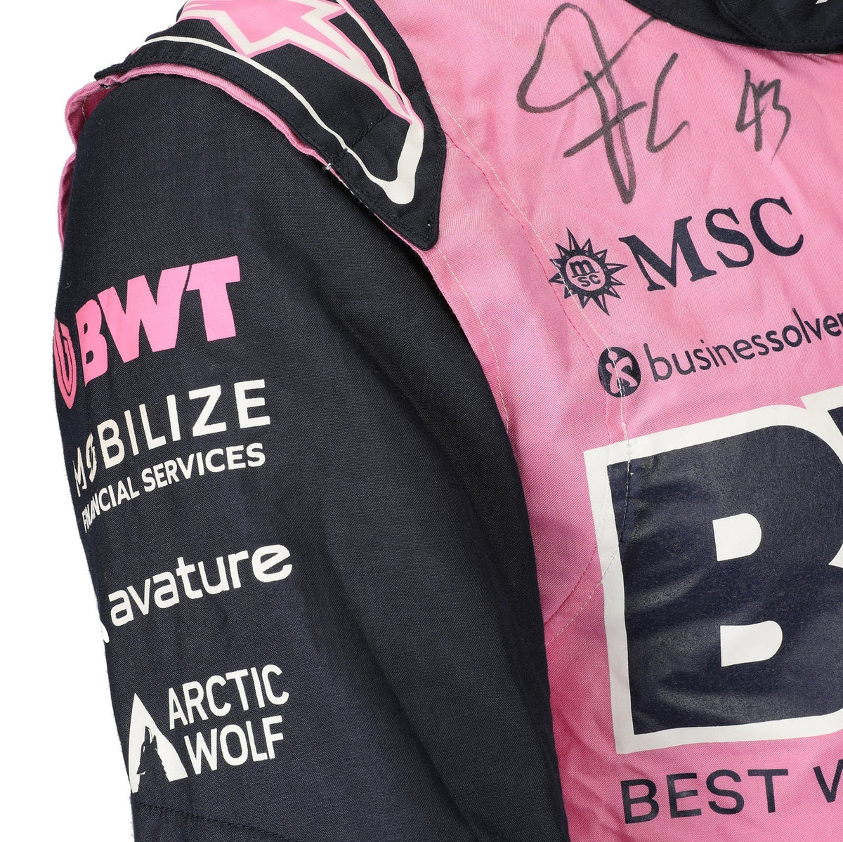Franco Colapinto signature and sponsor logos on the 2026 BWT Alpine F1 race suit – Reaxion Racegear.