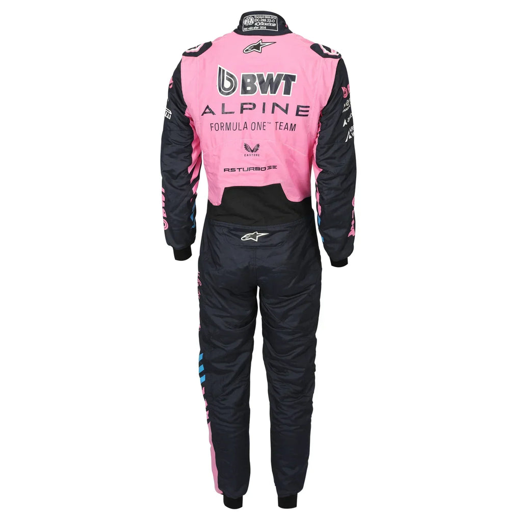 Back view of Franco Colapinto’s 2026 BWT Alpine F1 race suit in pink and navy – Reaxion Racegear.
