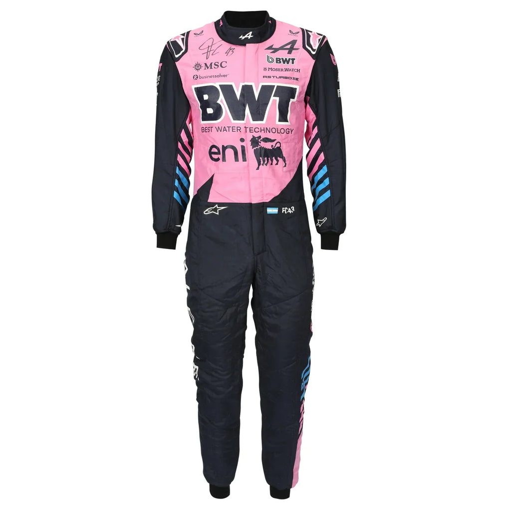 Front view of Franco Colapinto’s signed 2026 pink BWT Alpine F1 race suit – Reaxion Racegear.