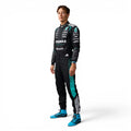George Russell 2026 Mercedes F1 Inspired Race Suit in Silver, Front view showing printed sponsor logos, by Reaxion Racegear