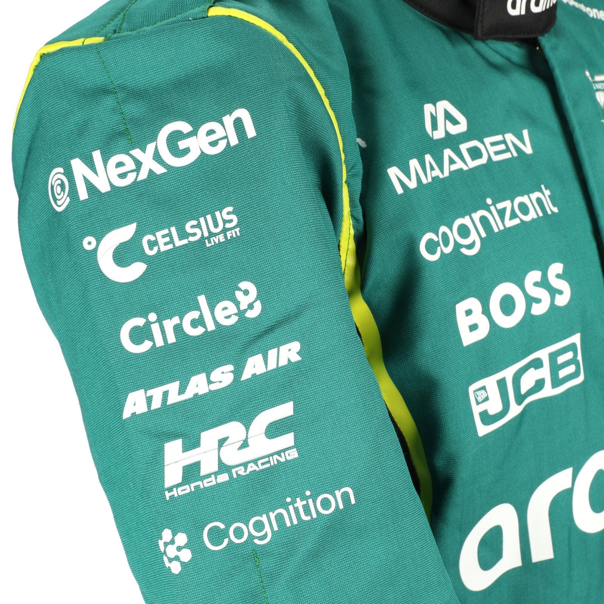 NexGen and Honda Racing sleeve logos on Jak Crawford’s 2026 Aston Martin F1 race suit – Reaxion Racegear.