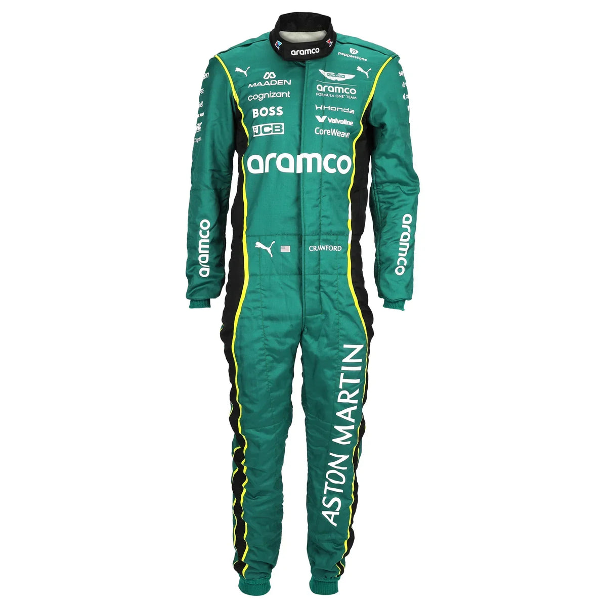 Front view of Jak Crawford’s green 2026 Aston Martin Aramco F1 race suit – Reaxion Racegear.