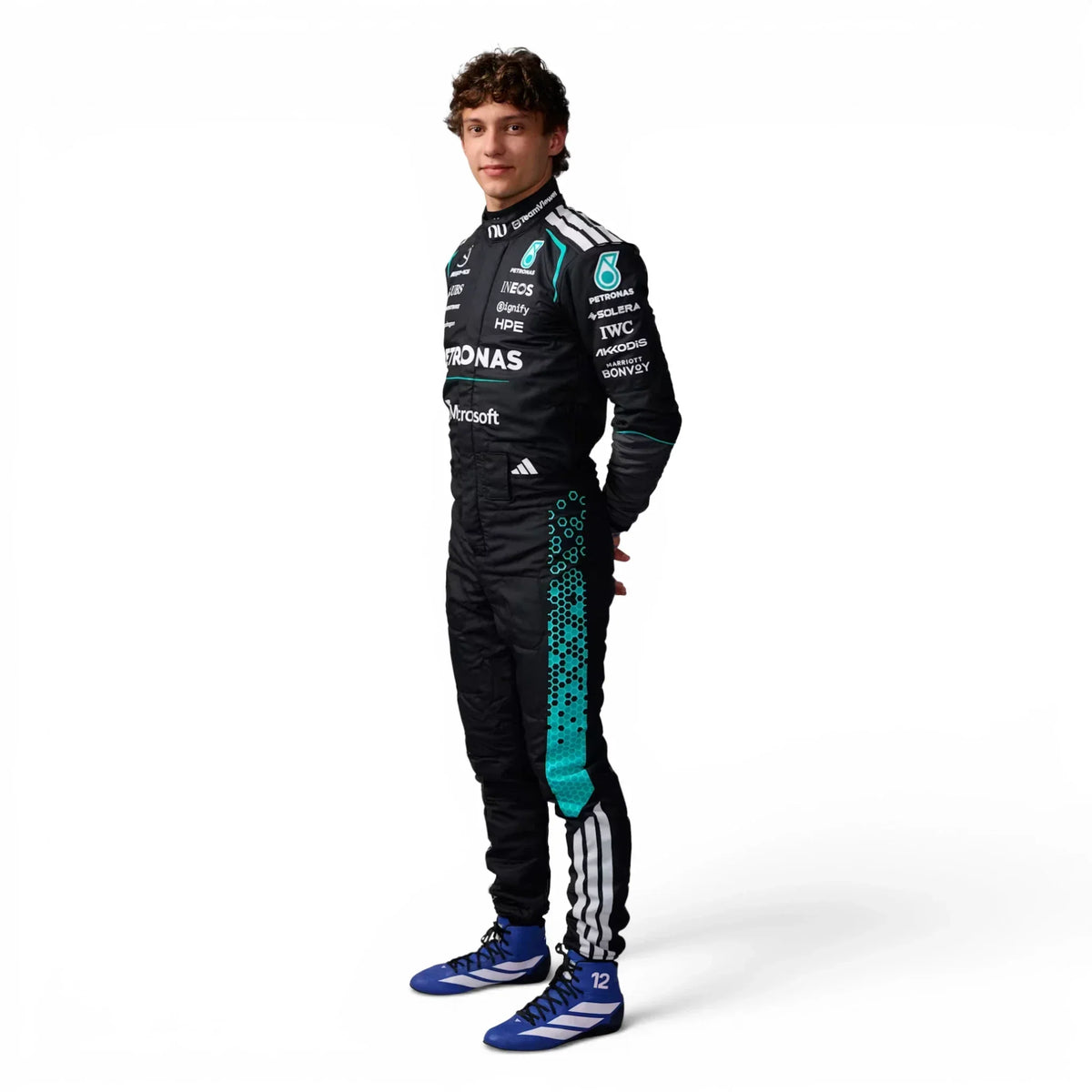 Kimi Antonelli 2026 Mercedes F1 Inspired Race Suit in Silver, Front view showing printed sponsor logos, by Reaxion Racegear