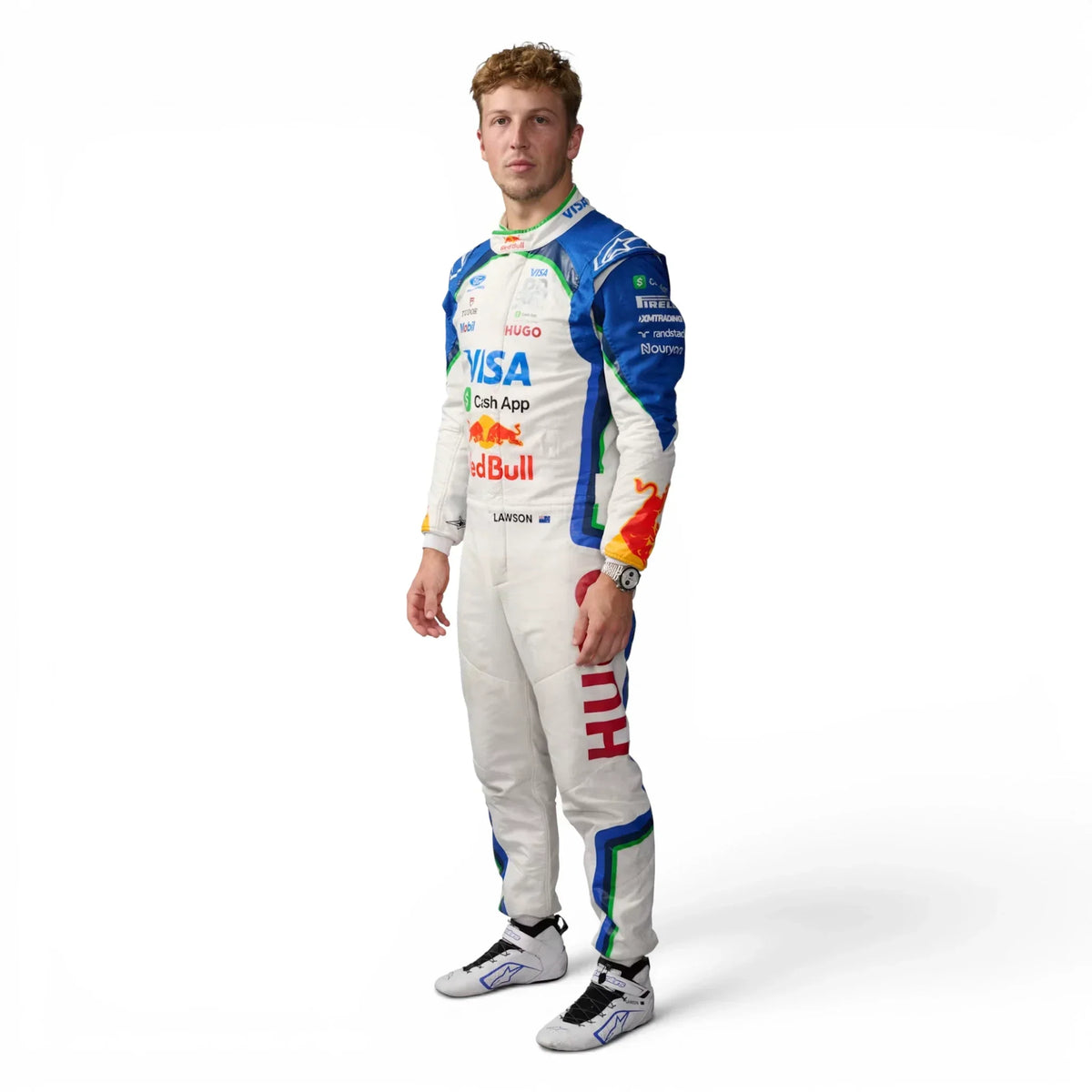 Liam Lawson 2026 Red Bull Racing F1 Inspired Race Suit in Navy Blue, Front view showing printed sponsor logos, by Reaxion Racegear