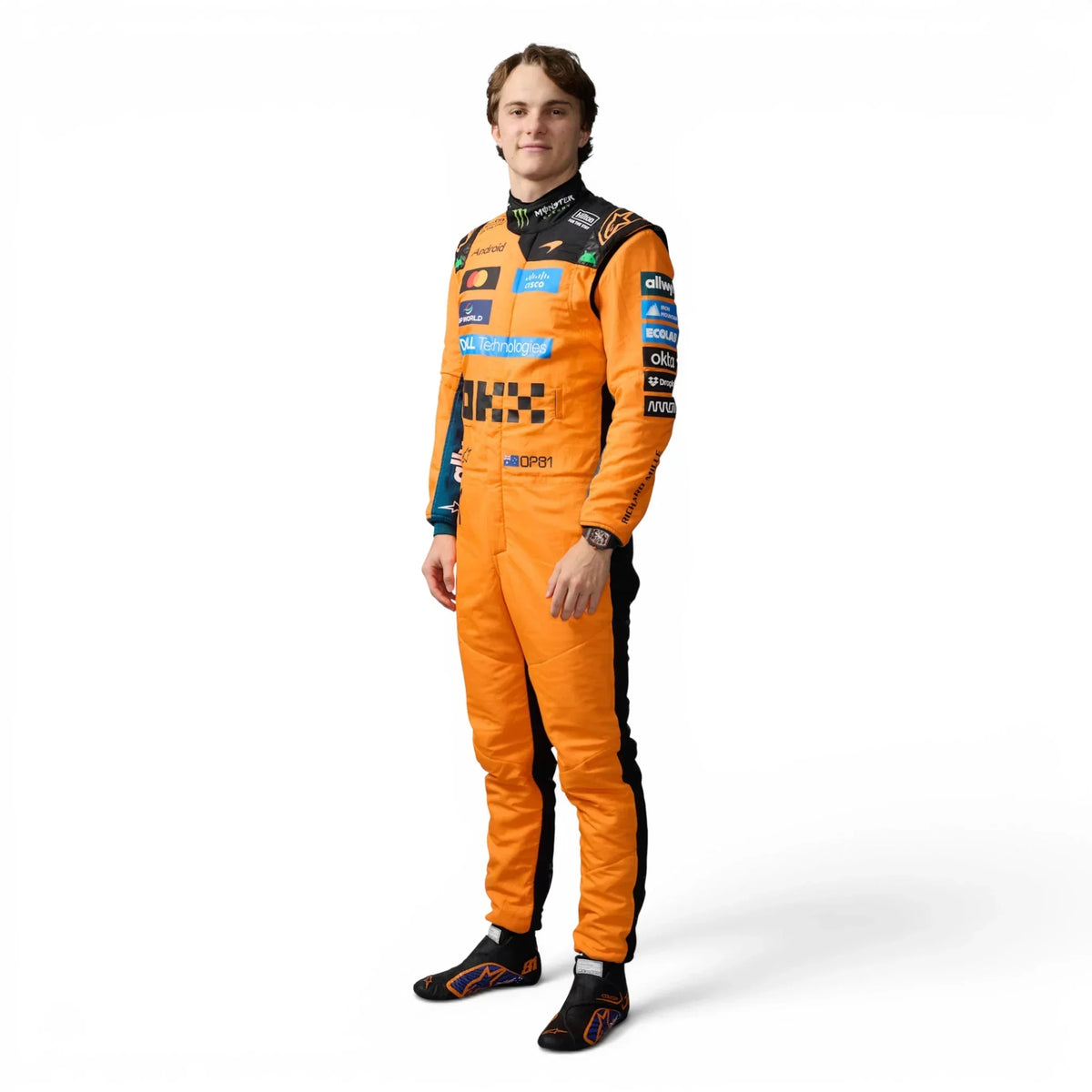 Oscar Piastri 2026 McLaren F1 Inspired Race Suit in Papaya Orange, Front view showing printed sponsor logos, by Reaxion Racegear