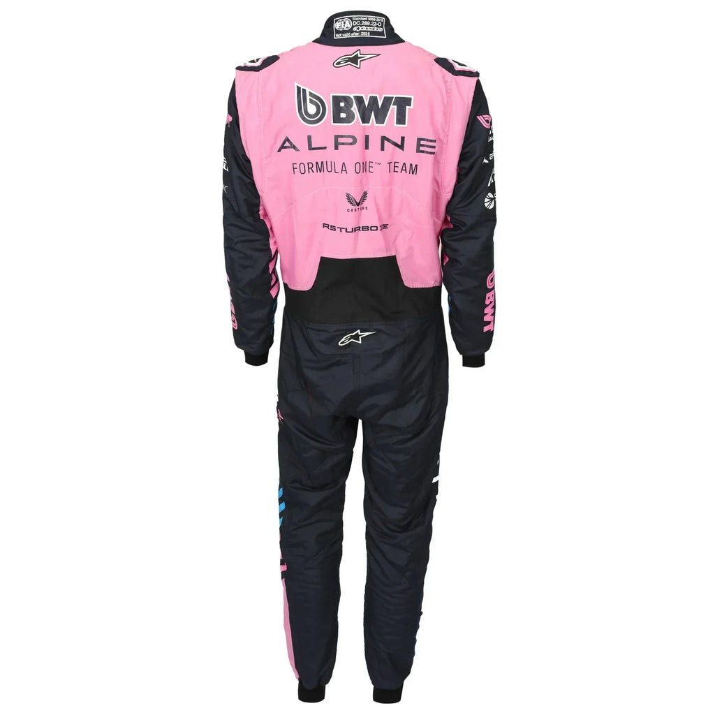 Back view of Pierre Gasly’s 2026 BWT Alpine F1 race suit in pink and navy – Reaxion Racegear.