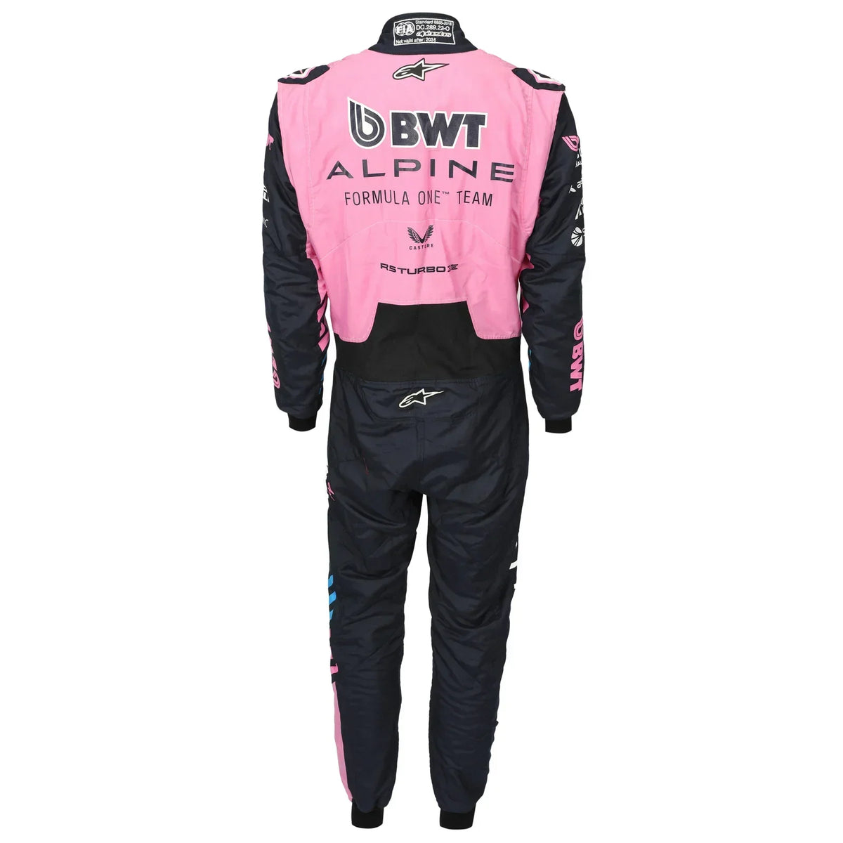 Back view of Pierre Gasly’s 2026 BWT Alpine F1 race suit in pink and navy – Reaxion Racegear.