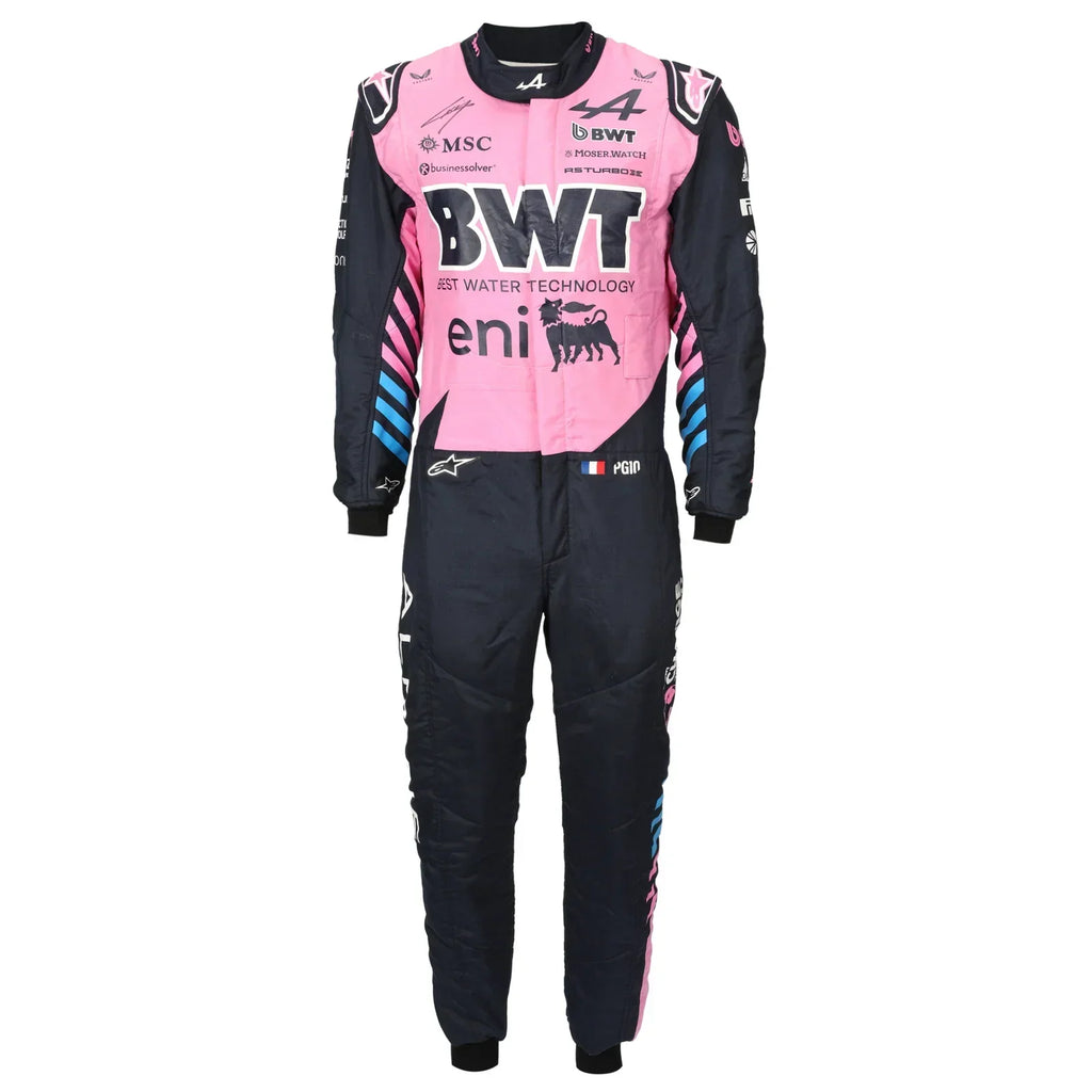Front view of Pierre Gasly’s signed 2026 pink BWT Alpine F1 race suit – Reaxion Racegear.
